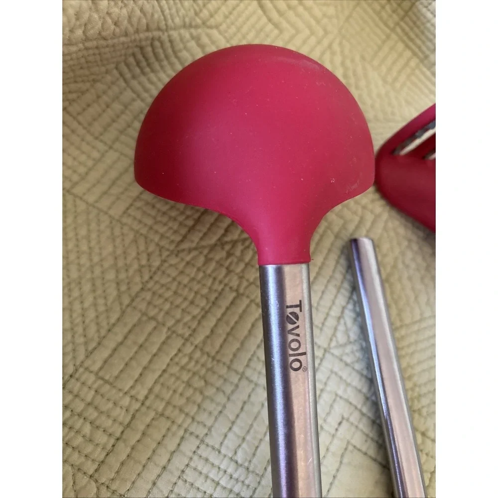 Tovolo Red Silicone Kitchen Utensils Stainless Handles Ladle Spoon Pasta 3 Pc